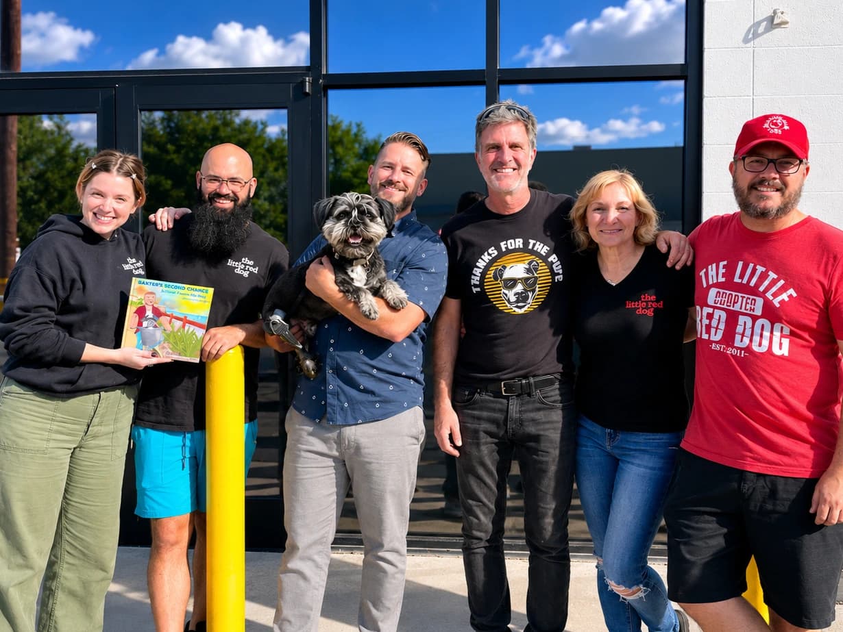 Scott, Baxter, and The Little Red Dog team celebrating Baxter's Second Chance Network